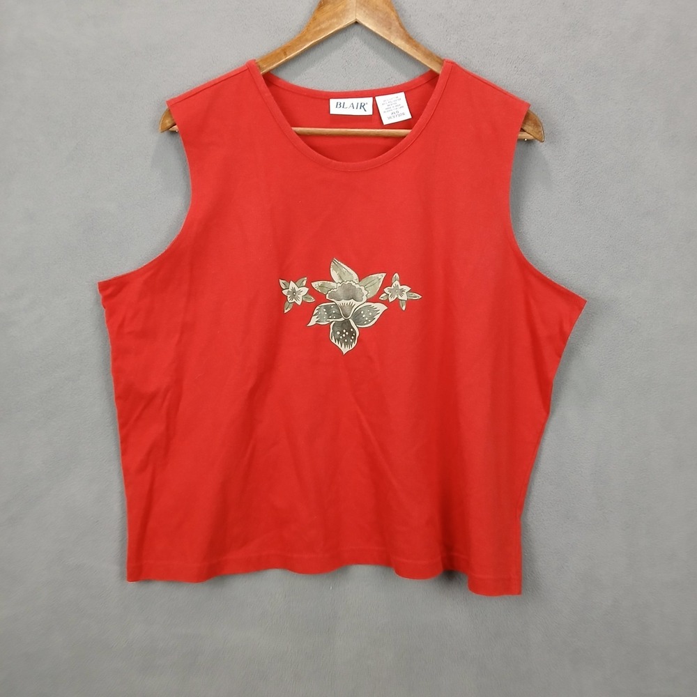 Vintage Blair Tank Top Womens XL Red Floral‎ Cotton Sleeveless Round Neck Casual